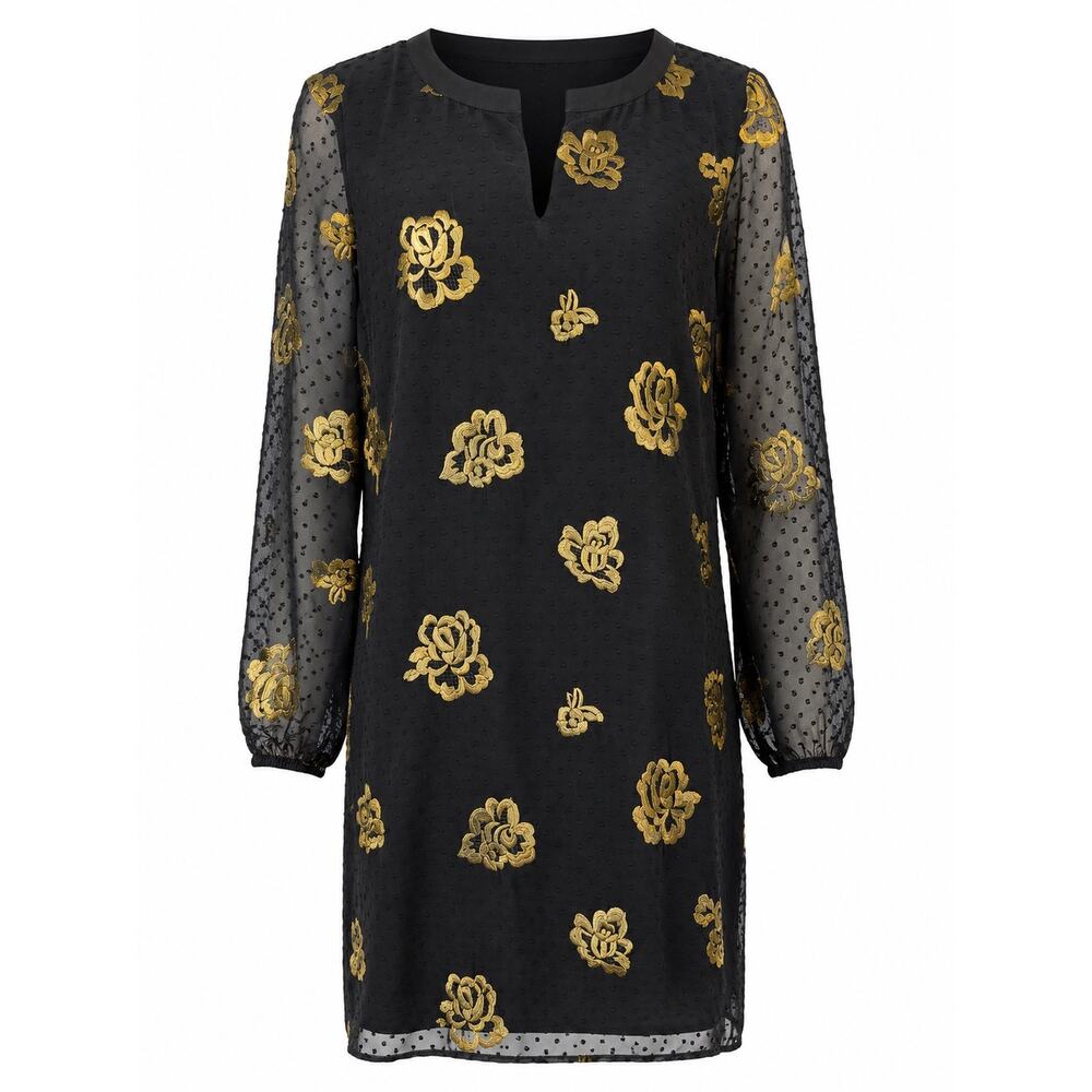 Cabi Black Gold Embroidered Shift Dress Sheer Swiss Dot Sleeve Party Cocktail LG